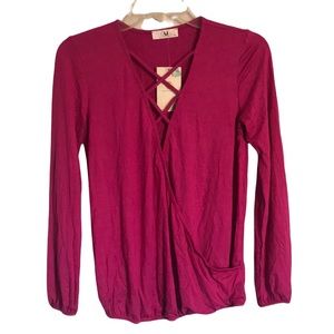 Amelia James Blouse Women's Sz XS Surplice V-Neck Criss Cross Long Sleeve Pink